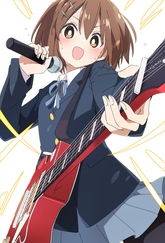 1girl :d black_pantyhose blue_ribbon blue_skirt brown_eyes electric_guitar guitar hair_ornament hairclip hirasawa_yui holding holding_instrument holding_microphone instrument ixy k-on! long_hair looking_at_viewer microphone neck_ribbon open_mouth pantyhose ribbon school_uniform skirt smile solo white_background