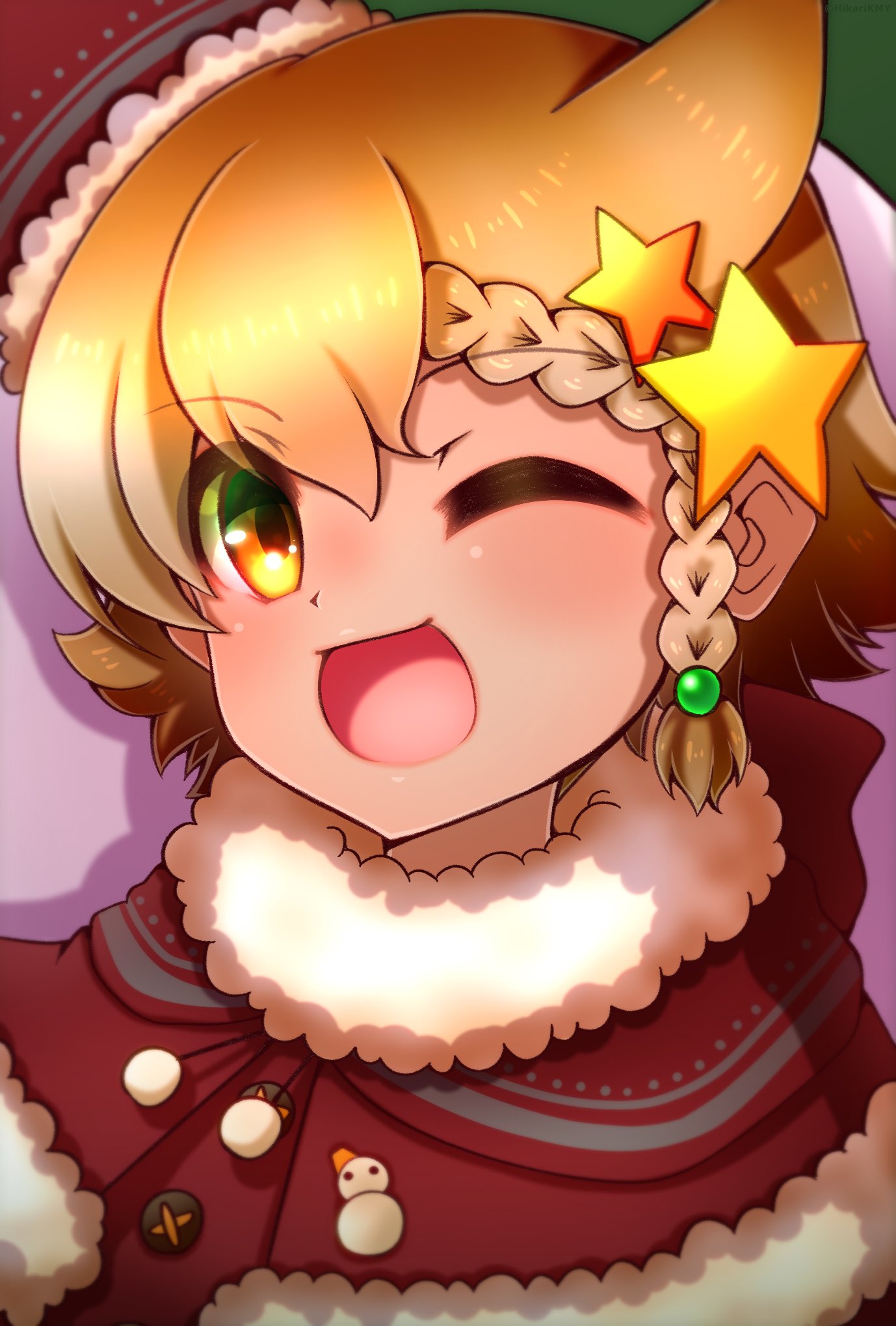 1girl animal_costume animal_ears blonde_hair cape christmas christmas_present coyote_(kemono_friends) gift hair_ornament hat highres hikarikmy kemono_friends kemono_friends_v_project looking_at_viewer one_eye_closed open_mouth santa_costume santa_hat short_hair simple_background smile snowman solo virtual_youtuber wolf_costume wolf_ears wolf_girl yellow_eyes