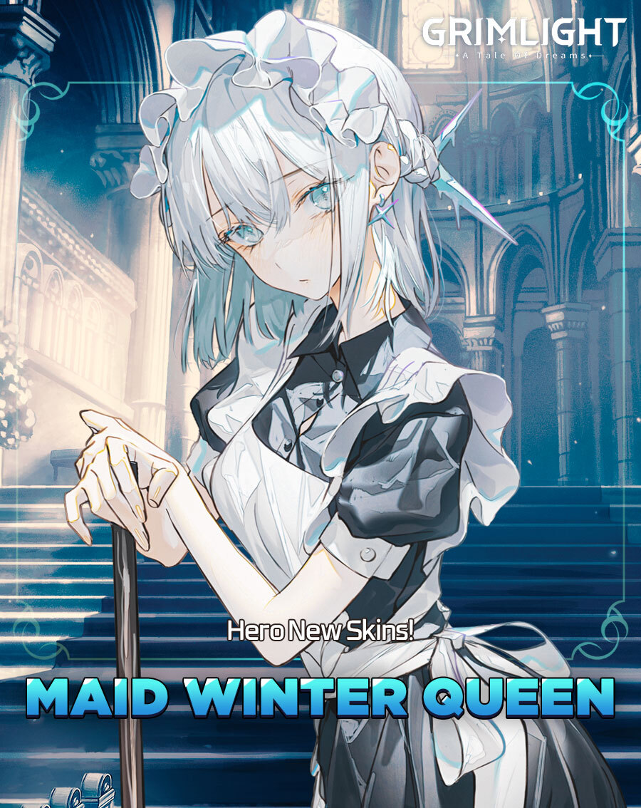 1girl alternate_costume apron bangs blue_eyes braid broom collar earrings english_commentary enmaided french_braid frills grimlight jewelry looking_at_viewer maid maid_apron maid_headdress official_art puffy_sleeves short_hair short_sleeves solo white_apron white_hair winter_queen_(grimlight)