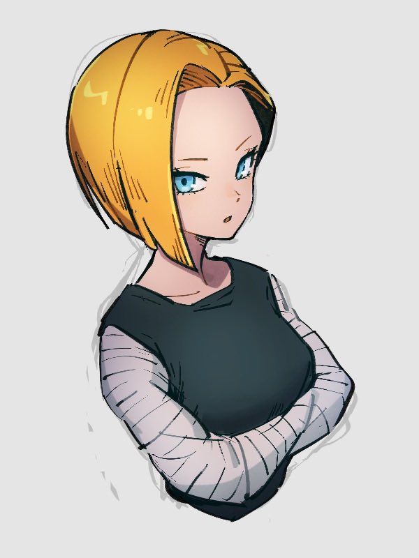 1girl android_18 black_shirt blonde_hair blue_eyes crossed_arms dragon_ball dragon_ball_z grey_background kemachiku looking_at_viewer shirt short_hair simple_background solo striped_sleeves upper_body white_sleeves