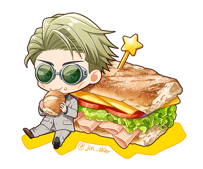 1boy alternate_eye_color blonde_hair blue_eyes blue_shirt bread cheese chibi eating food food_on_face formal full_body goggles grey_jacket grey_pants grey_suit holding holding_food jacket jin_akhr jujutsu_kaisen lettuce long_sleeves looking_at_viewer male_focus meat nanami_kento necktie pants sandwich shirt short_hair sitting solo suit tomato