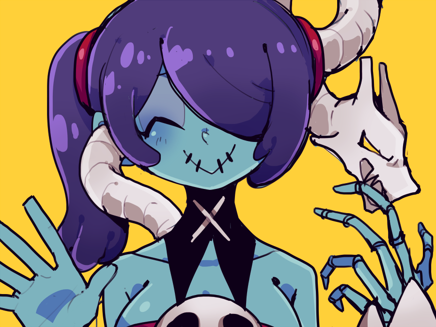 1girl bare_shoulders blue_skin breasts closed_eyes closed_mouth colored_skin commentary detached_collar facing_viewer hair_over_one_eye leviathan_(skullgirls) medium_breasts medium_hair purple_hair sheep_(ss-she-ep) side_ponytail simple_background skeletal_hand skull skullgirls smile solo squigly_(skullgirls) stitched_mouth stitches upper_body waving yellow_background zombie