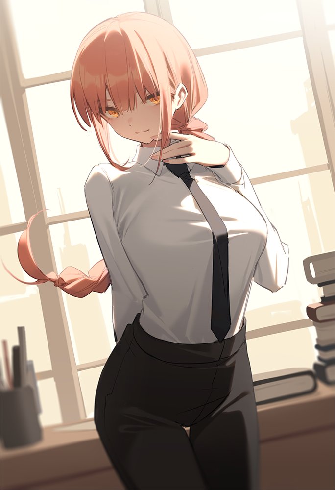 1girl black_necktie black_pants braid braided_ponytail breasts business_suit chainsaw_man closed_mouth collared_shirt cowboy_shot desk dutch_angle formal indoors kildir large_breasts long_hair long_sleeves looking_at_viewer makima_(chainsaw_man) necktie office_lady pants redhead ringed_eyes shirt shirt_tucked_in sidelocks smile suit tented_shirt thigh_gap yellow_eyes