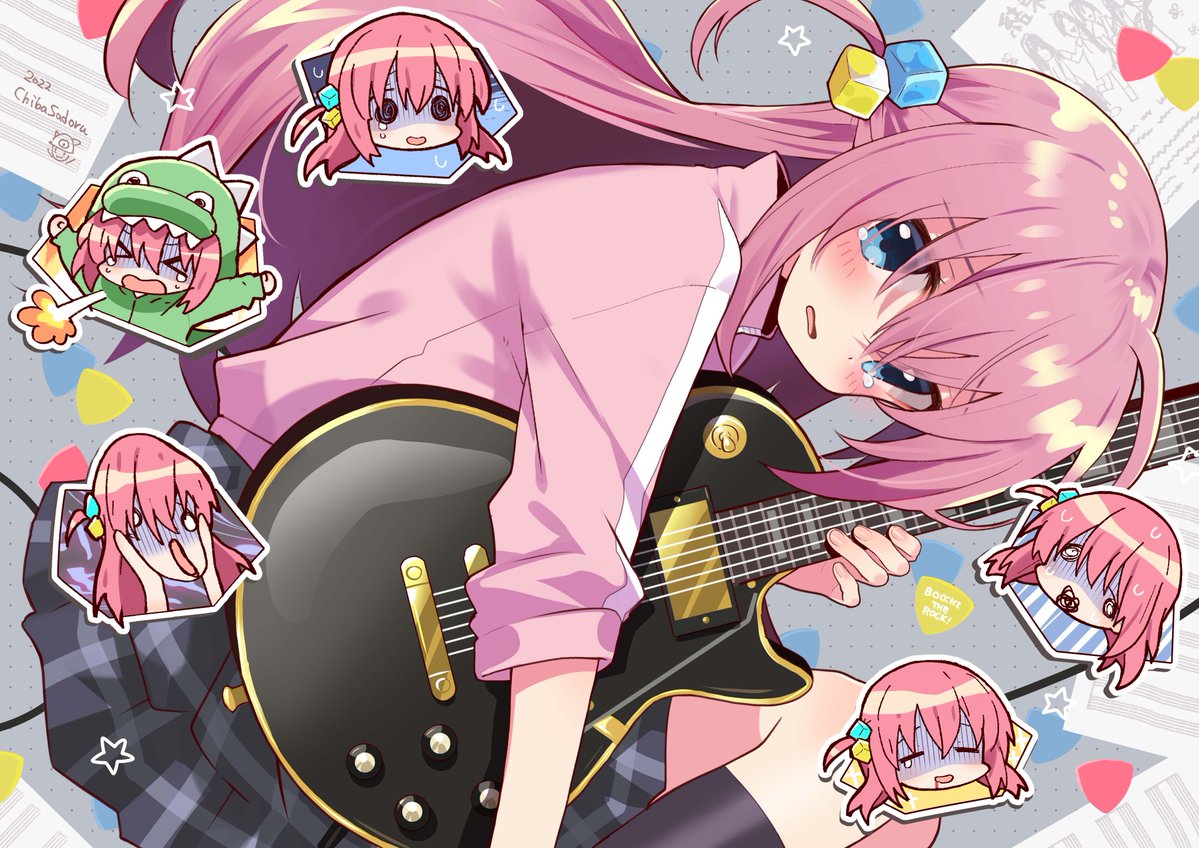 1girl animal_costume artist_name bangs black_socks blood blood_from_mouth blue_eyes blush bocchi_the_rock! breathing_fire checkered_clothes checkered_skirt chiba_sadoru copyright_name cube_hair_ornament dinosaur_costume electric_guitar fire gibson_les_paul gloom_(expression) gotou_hitori guest_art guitar hair_between_eyes hair_ornament holding holding_instrument ijichi_nijika instrument jacket kita_ikuyo long_hair looking_at_viewer official_art one_side_up pink_hair pink_jacket pleated_skirt plectrum skirt sleeves_rolled_up socks star_(symbol) sweat tears track_jacket variations yamada_ryou