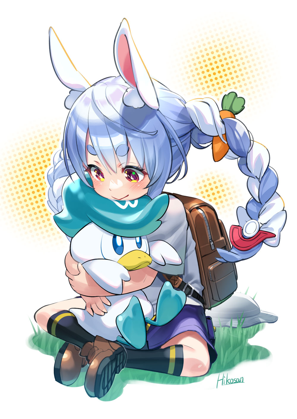 animal_ears black_socks blue_hair blue_shorts bunny-shaped_pupils highres hikosan long_hair multicolored_hair orange_eyes pokemon pokemon_(creature) pokemon_(game) pokemon_sv quaxly rabbit_ears shirt shorts socks symbol-shaped_pupils t-shirt thick_eyebrows two-tone_hair usada_pekora virtual_youtuber white_hair white_shirt