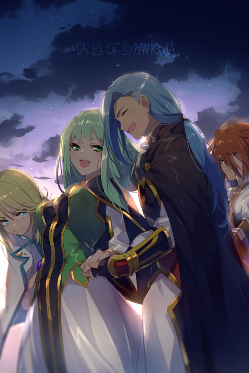 1girl 3boys blonde_hair blue_hair breasts closed_mouth clouds dress echo_(circa) green_hair kratos_aurion long_hair martel_(tales) mithos_yggdrasill multiple_boys open_mouth redhead smile tales_of_(series) tales_of_symphonia yuan_(tales)