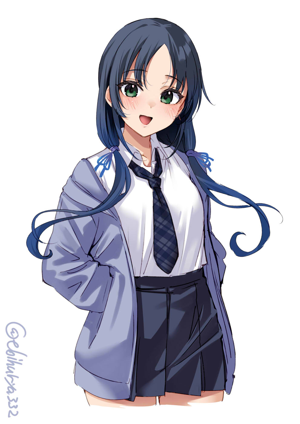 1girl alternate_costume black_necktie black_skirt blue_hair blush collared_shirt cowboy_shot cropped_legs ebifurya green_eyes hands_in_pockets highres jacket kantai_collection long_hair looking_at_viewer necktie one-hour_drawing_challenge open_clothes open_jacket open_mouth pleated_skirt purple_jacket shirt simple_background skirt smile solo suzukaze_(kancolle) twitter_username white_background white_shirt