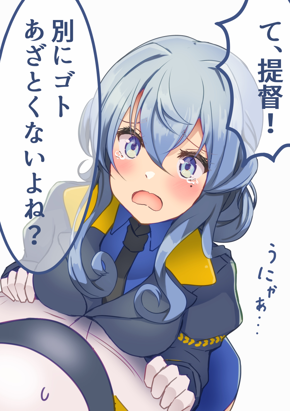 1boy 1girl admiral_(kancolle) black_necktie blue_eyes blue_hair blue_shirt breast_press breasts collared_shirt commentary_request from_above gloves gotland_(kancolle) gotland_kai_(kancolle) hair_bun highres kantai_collection long_hair medium_breasts military military_uniform mole mole_under_eye natsu_narumi necktie shirt simple_background single_hair_bun tears translation_request uniform upper_body white_background white_gloves