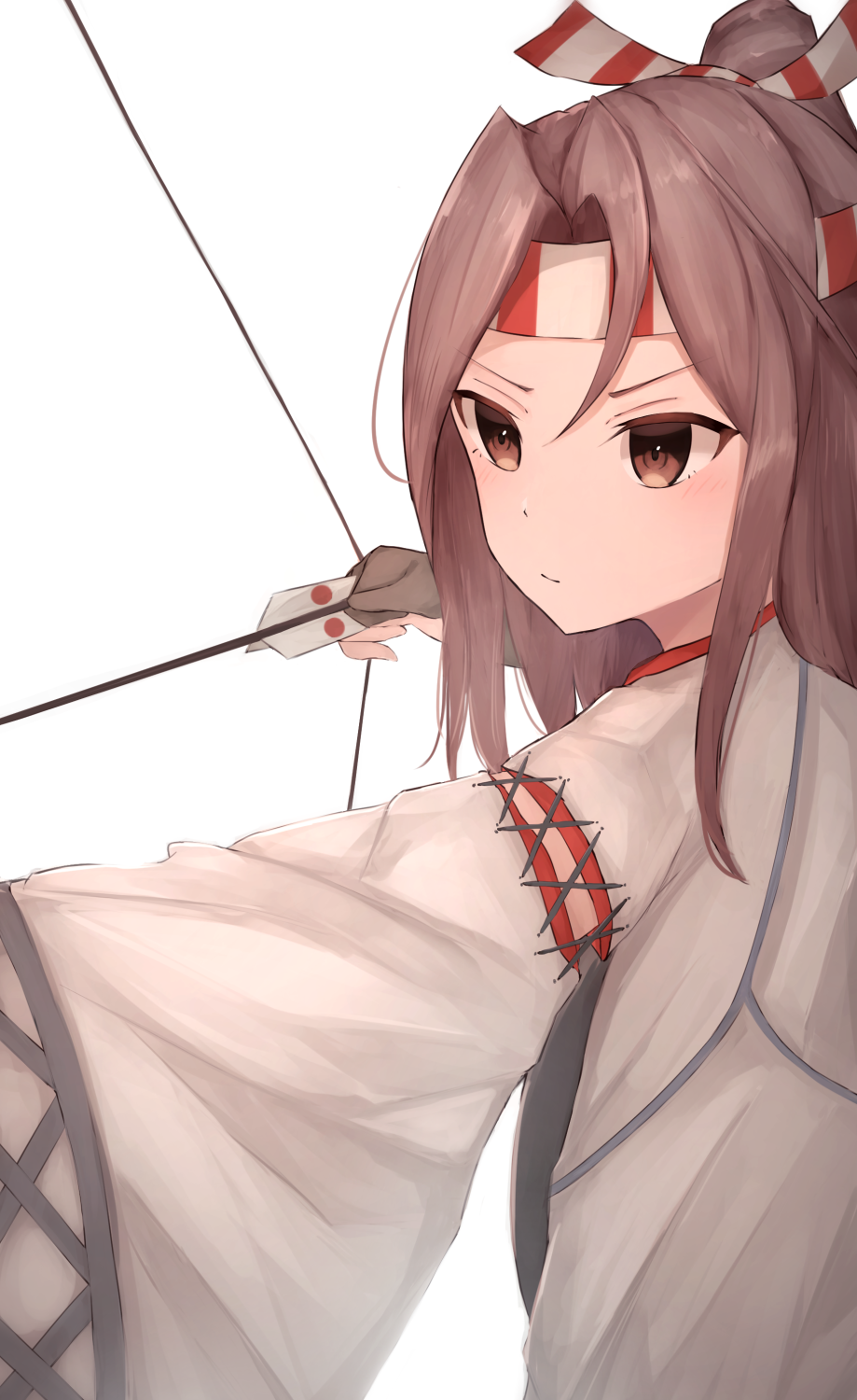 1girl arrow_(projectile) bow_(weapon) brown_gloves drawing_bow gloves hachimaki headband high_ponytail highres holding holding_arrow holding_bow_(weapon) holding_weapon japanese_clothes kantai_collection kyawadayooo light_brown_hair long_hair partially_fingerless_gloves ponytail solo upper_body weapon zuihou_(kancolle)