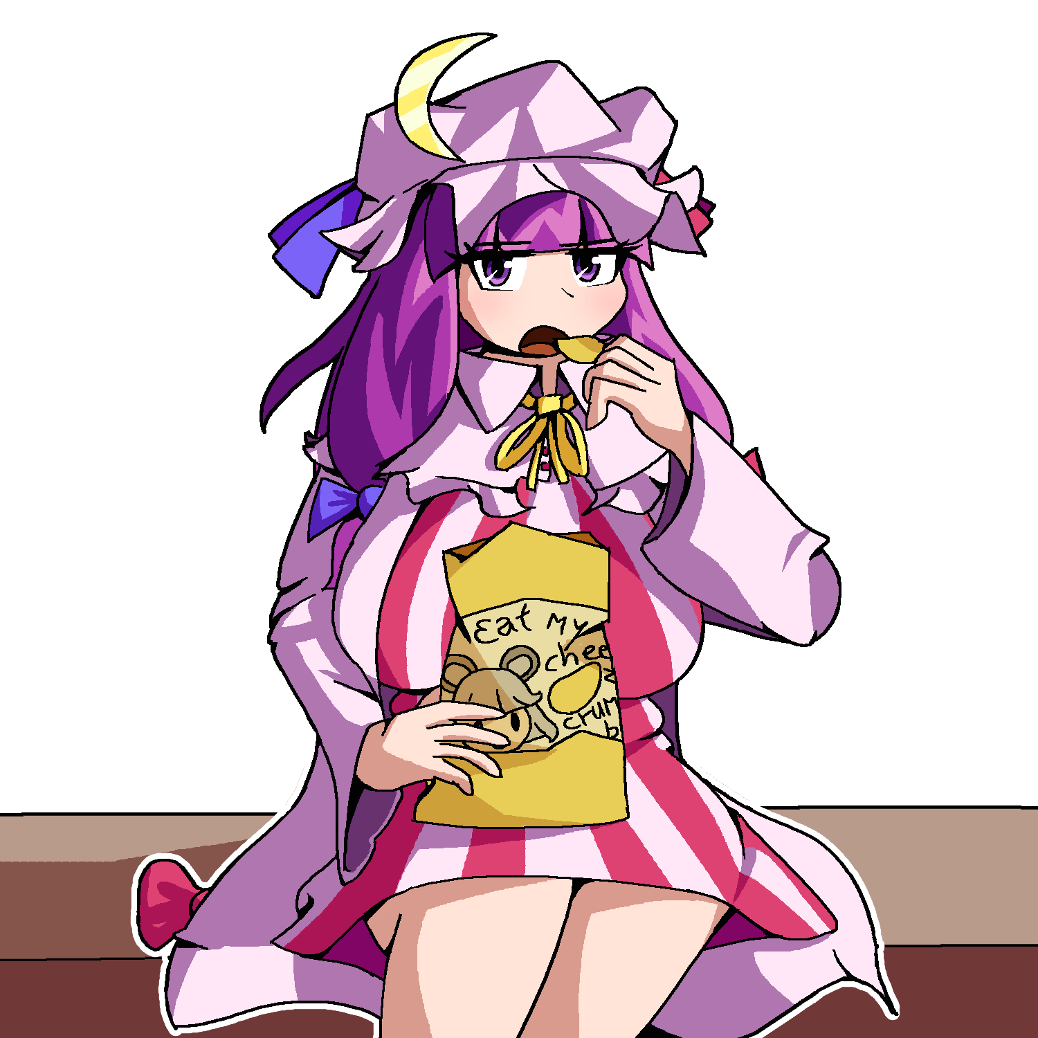 1girl blue_bow bow chips_(food) crescent crescent_hat_ornament eating food hat hat_ornament highres long_hair long_sleeves mob_cap neck_ribbon patchouli_knowledge plump purple_hair red_bow ribbon robe rumielle simple_background sitting touhou very_long_hair violet_eyes