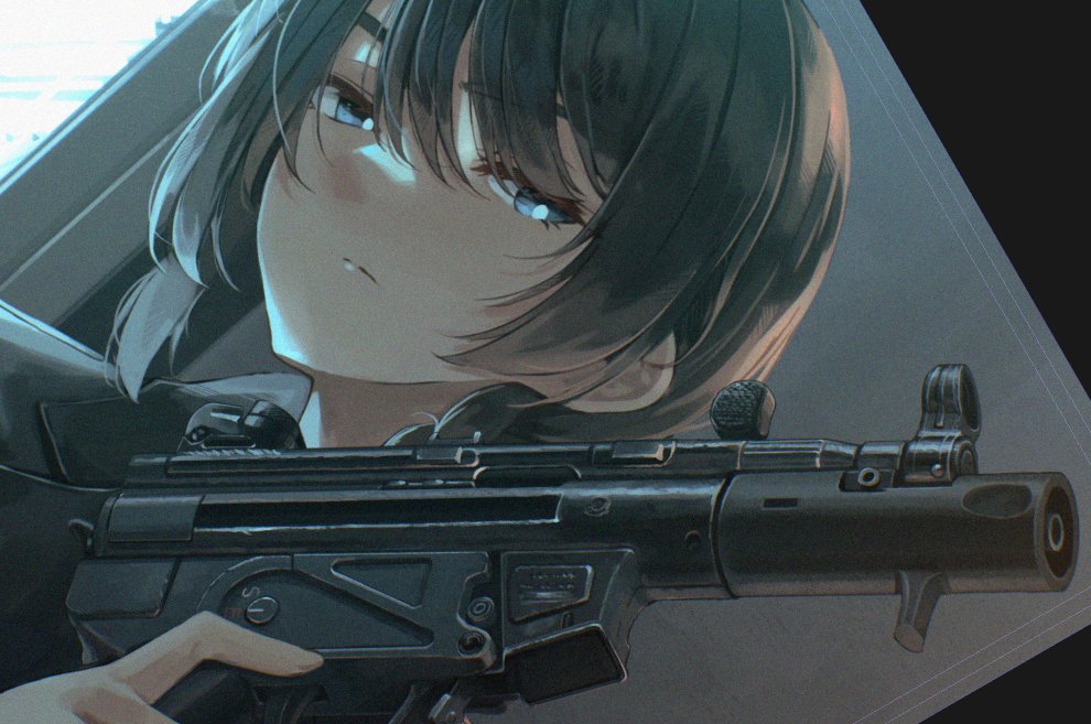 1girl bangs black_jacket blue_eyes closed_mouth commentary_request dreadtie gun h&amp;k_mp5k hair_between_eyes half-closed_eyes hand_up holding holding_gun holding_weapon jacket looking_at_viewer original solo submachine_gun thick_eyebrows weapon weapon_request