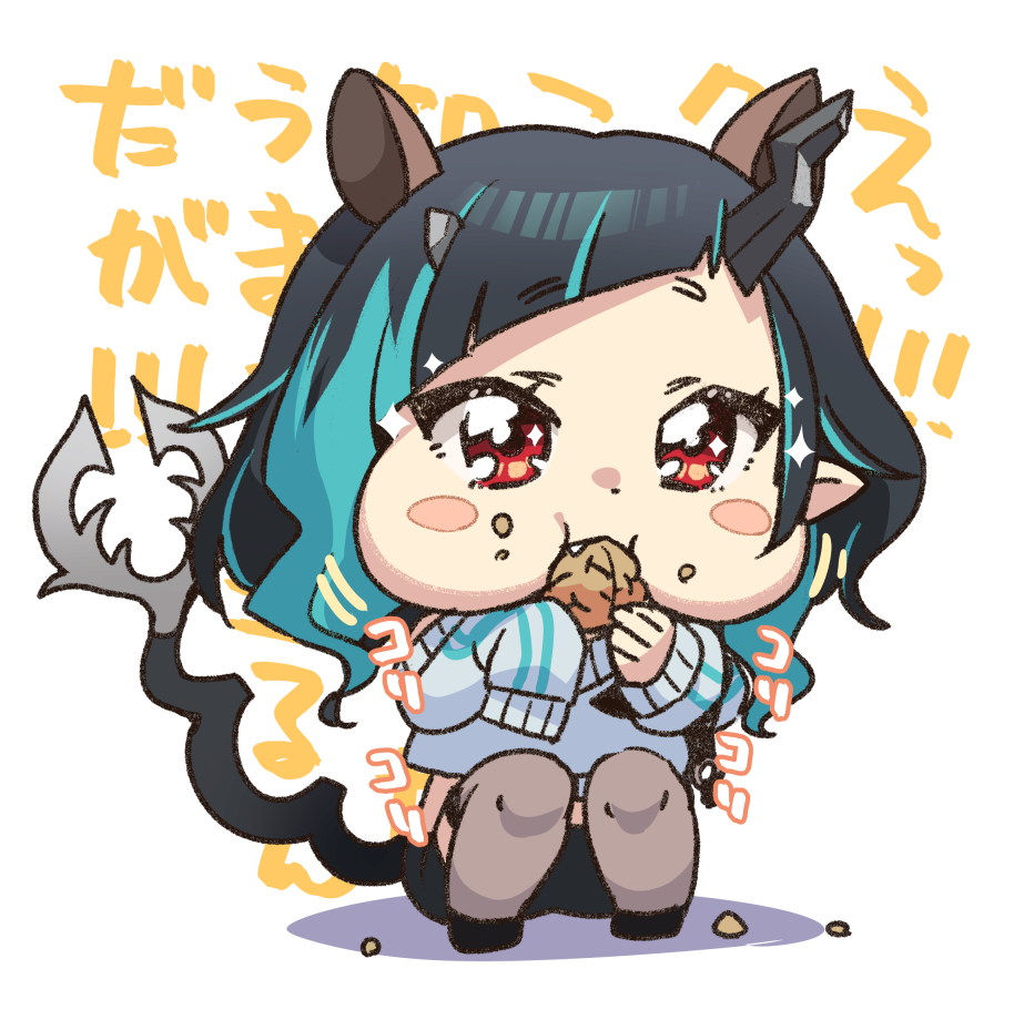 1girl 774_inc. bangs black_hair black_shorts blue_hair blush chibi commentary_request demon_girl demon_horns demon_tail eating fang full_body grey_sweater grey_thighhighs heebee horns long_hair multicolored_hair official_alternate_costume pointy_ears puffy_cheeks red_eyes shishio_chris shorts solo squatting sugar_lyric sweater tail thigh-highs translation_request two-tone_hair virtual_youtuber walnut white_background