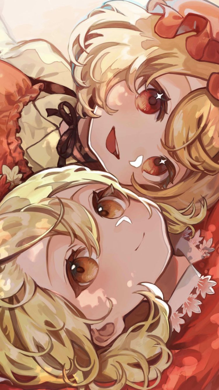 2girls :d aki_minoriko aki_shizuha blonde_hair closed_mouth highres looking_at_viewer multiple_girls open_mouth red_eyes red_headwear short_hair siblings simple_background sisters smile teruteru_(teru_teru) touhou upper_body white_background yellow_eyes