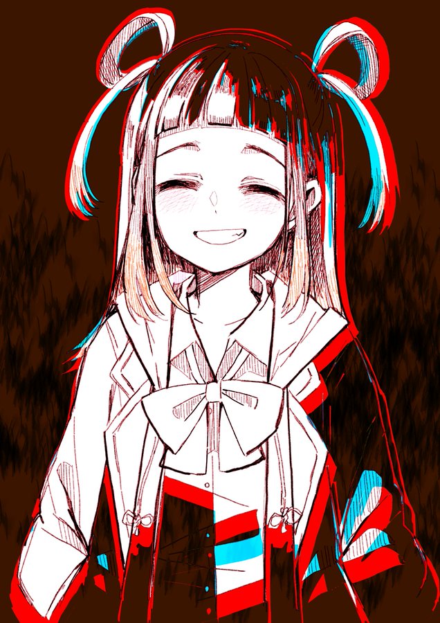 1girl anaglyph arm_at_side bangs blazer blunt_bangs blush bow bowtie brown_background buttons christy_mii closed_eyes collared_shirt dot_nose grin hair_rings jacket lapels long_sleeves loose_bowtie magia_record:_mahou_shoujo_madoka_magica_gaiden mahou_shoujo_madoka_magica ooba_juri ryuugasaki_academy_school_uniform school_uniform shirt short_bangs sidelocks smile solo upper_body