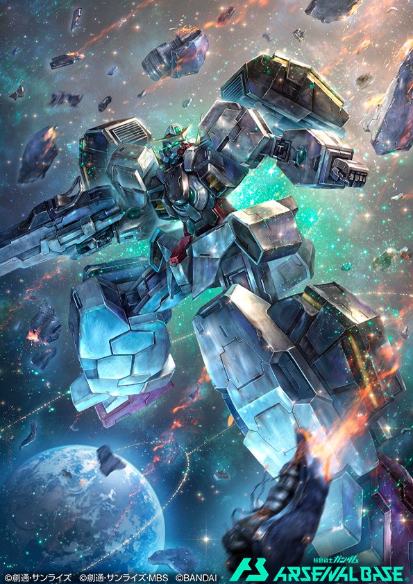 blue_eyes clenched_hand earth_(planet) glowing glowing_eyes gun gundam gundam_00 gundam_arsenal_base gundam_virtue holding holding_gun holding_weapon looking_to_the_side looking_up mecha mobile_suit no_humans official_art planet robot science science_fiction solo space v-fin weapon yukishiro_chifuyu