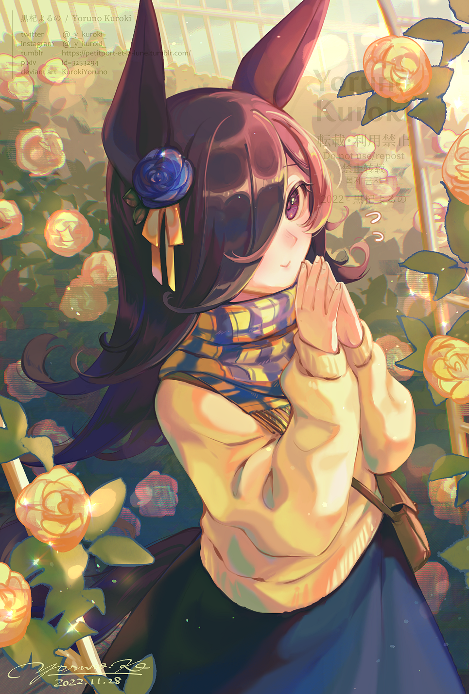 1girl blue_flower blue_scarf blue_skirt brown_hair cowboy_shot dated flower hair_flower hair_ornament hair_over_one_eye highres horse_girl long_hair looking_at_viewer one_eye_covered own_hands_together plaid plaid_scarf rice_shower_(umamusume) scarf signature skirt solo sweater two-tone_scarf umamusume y_kuroki yellow_flower yellow_scarf yellow_sweater