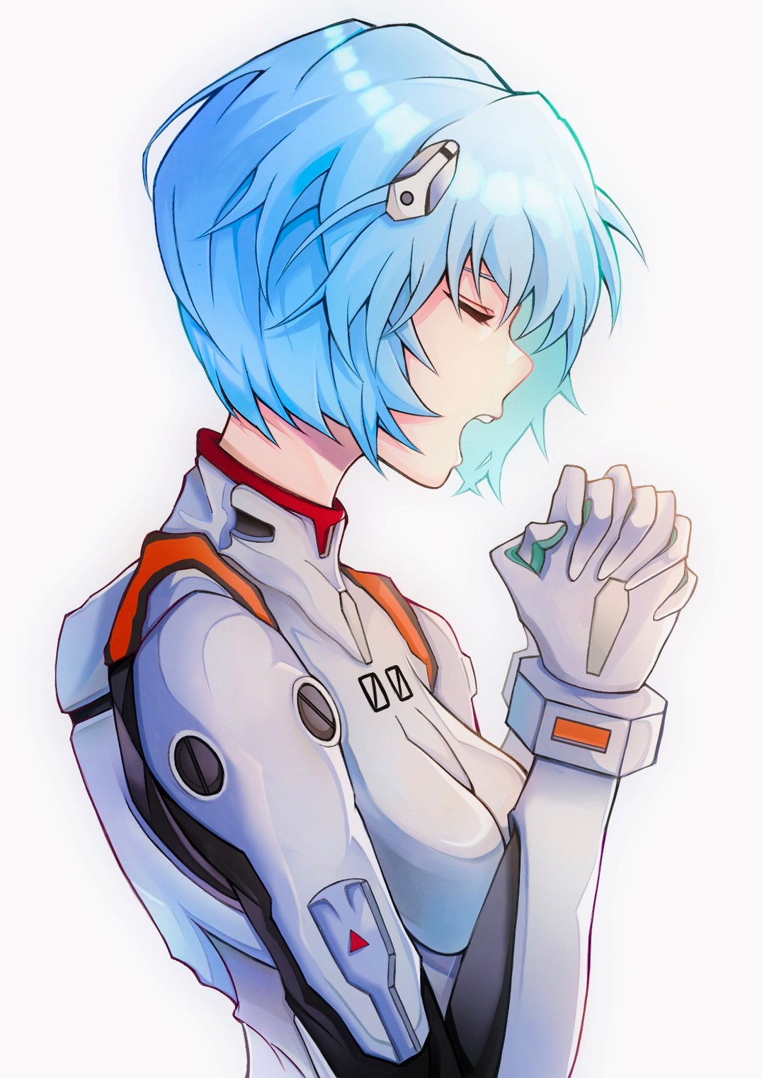 1girl ayanami_rei blue_hair bodysuit breasts breasts_apart closed_eyes doom_yorusen from_side headgear highres medium_breasts neon_genesis_evangelion open_mouth plugsuit profile shiny shiny_hair short_hair simple_background solo upper_body white_background white_bodysuit