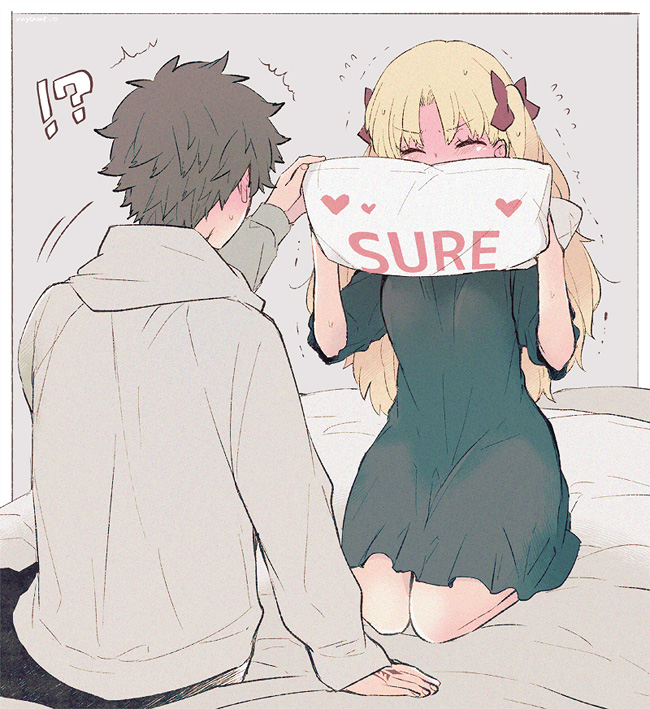 !? 1boy 1girl azumi_(myameco) black_dress blonde_hair blush brown_hair closed_eyes commentary_request dress embarrassed ereshkigal_(fate) fate/grand_order fate_(series) fujimaru_ritsuka_(male) full-face_blush grey_background grey_shirt hair_ribbon holding holding_pillow long_hair long_sleeves looking_at_another pillow red_ribbon ribbon shirt short_hair simple_background sitting trembling wariza