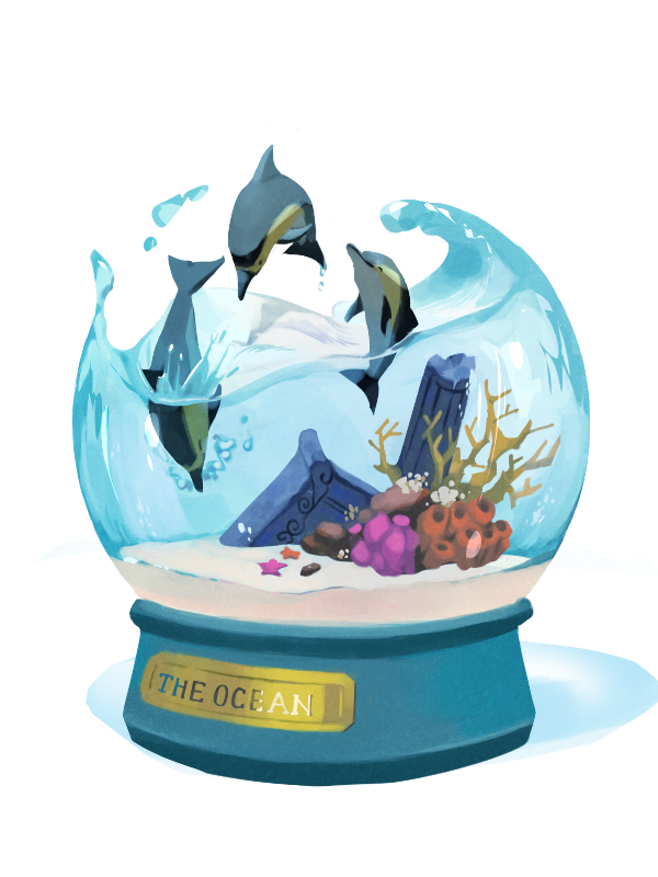 ._. animal_focus black_eyes bubble commentary coral dolphin english_commentary english_text jumping no_humans original pillar ruins simple_background snow_globe splashing starfish uroko_(rwde4544) water white_background