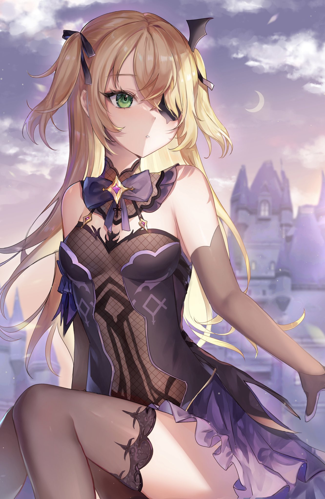 1girl bangs bare_shoulders black_gloves black_ribbon black_thighhighs blonde_hair blurry blurry_background bow bowtie breasts brooch building castle clouds crescent_moon dress evening eyepatch fischl_(genshin_impact) fishnets frilled_dress frills genshin_impact gloves green_eyes hair_over_one_eye hair_ribbon highres jewelry long_hair looking_at_viewer looking_to_the_side medium_breasts moon outdoors parted_lips pudding_cream purple_bow purple_bowtie ribbon sidelocks sitting sky solo swept_bangs thigh-highs thighs two_side_up