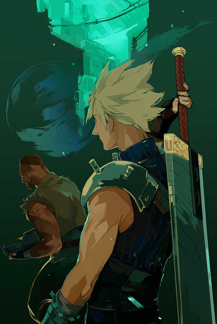 2boys arm_tattoo armor bandaged_arm bandages bare_shoulders barret_wallace belt black_hair blonde_hair blue_shirt buster_sword buzz_cut cloud_strife dark-skinned_male dark_skin facing_away final_fantasy final_fantasy_vii grey_vest holding holding_sword holding_weapon lanimalu male_focus meteor multiple_boys muscular muscular_male prosthetic_weapon shirt short_hair shoulder_armor sleeveless sleeveless_turtleneck spiky_hair suspenders sword tattoo torn_clothes torn_sleeves turtleneck upper_body very_short_hair vest weapon