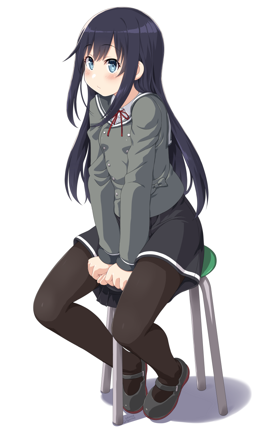 1girl asashio_(kancolle) black_hair black_pantyhose black_skirt blue_eyes blush chair closed_mouth dd_(ijigendd) full_body hair_between_eyes highres kantai_collection long_hair long_sleeves pantyhose simple_background sitting skirt solo white_background