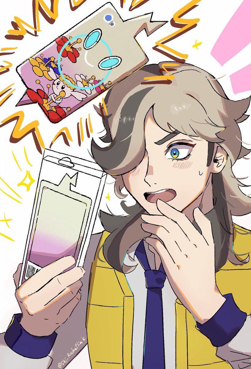 1boy arven_(pokemon) bangs blue_eyes blush brown_hair cellphone commentary_request flabebe hair_over_one_eye hands_up highres holding long_hair long_sleeves male_focus necktie open_clothes open_mouth open_vest phone pokemon pokemon_(game) pokemon_sv purple_necktie rotom rotom_phone shirt sweatdrop teeth tongue twitter_username upper_body upper_teeth vest yellow_vest yomogi_dango_(sbj_rocketlink)