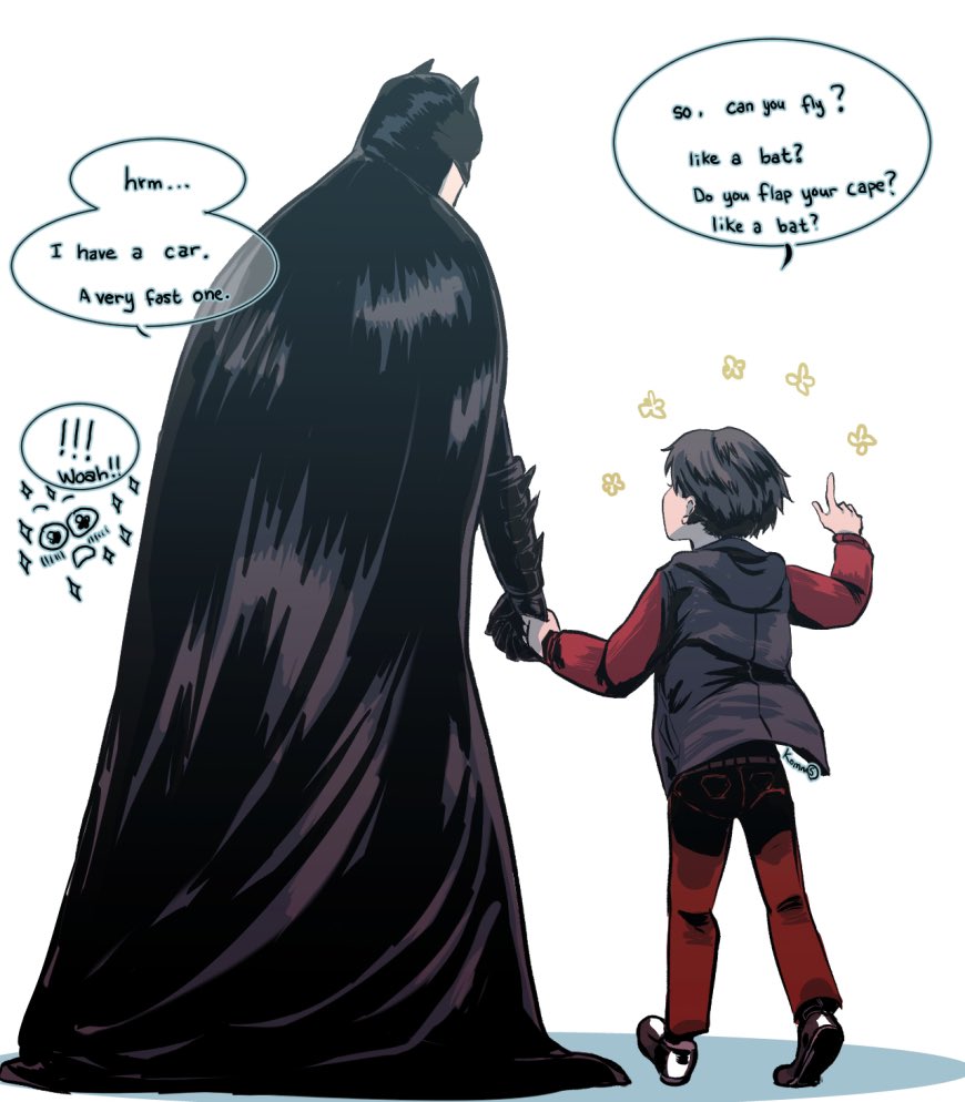 ! !! 2boys adoption batman batman_(series) black_cape black_hair bruce_wayne cape commentary cowl dc_comics english_commentary english_text father_and_son flower from_behind holding_hands jacket jason_todd komru50 male_child male_focus multiple_boys pants red_pants simple_background sparkle speech_bubble white_background