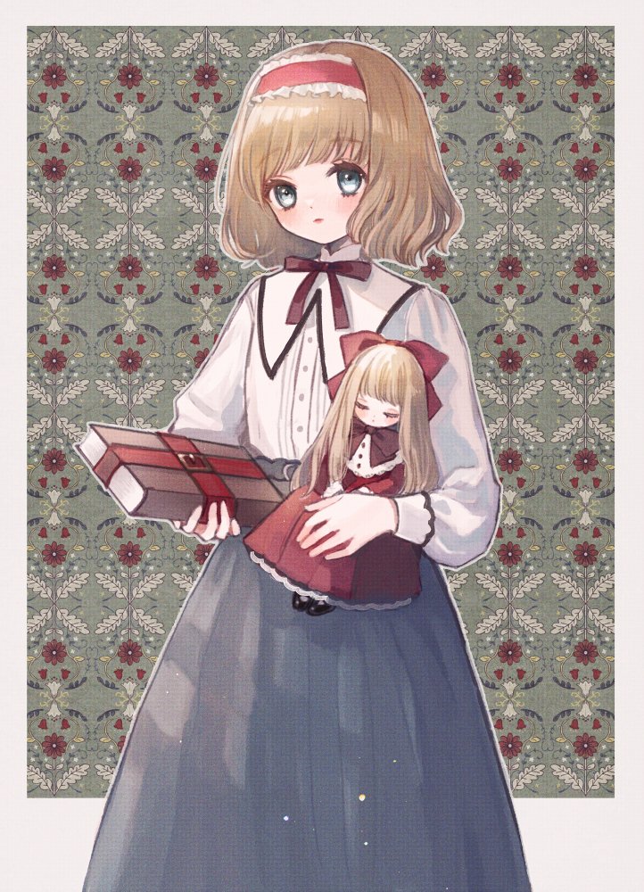 1girl alice_margatroid blonde_hair blue_eyes blue_skirt blush bob_cut bow bowtie closed_eyes closed_mouth commentary cowboy_shot dress frilled_hairband frills grimoire_of_alice hairband hourai_doll lips long_sleeves looking_at_viewer medium_hair neck_ribbon red_bow red_bowtie red_dress red_ribbon ribbon shirt skirt symbol-only_commentary touhou white_shirt yujup