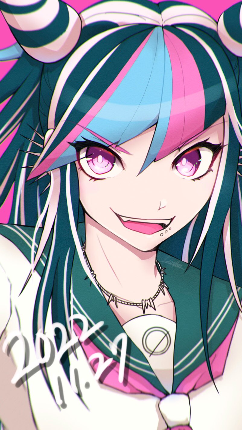 1girl :d bangs black_hair blue_hair conbear_(danganroom) danganronpa_(series) danganronpa_2:_goodbye_despair dated fangs green_sailor_collar hair_horns highres long_hair mioda_ibuki mouth_piercing multicolored_hair neckerchief open_mouth piercing pink_eyes pink_hair pink_neckerchief portrait sailor_collar school_uniform shirt smile solo white_hair