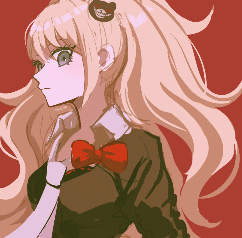 1girl artist_name bangs bear_hair_ornament bow breasts brown_shirt danganronpa:_trigger_happy_havoc danganronpa_(series) enoshima_junko grey_eyes hair_ornament large_breasts long_hair mikao_(eanv5385) necktie red_background red_bow shirt sketch solo twintails upper_body white_necktie