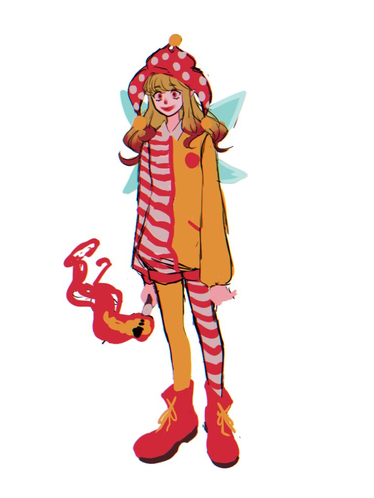 1girl clownpiece cosplay facepaint full_body hat jester_cap konoha217 lips looking_at_viewer mcdonald's multicolored_clothes polka_dot_headwear red_eyes red_footwear ronald_mcdonald ronald_mcdonald_(cosplay) simple_background solo standing striped torch touhou white_background wings