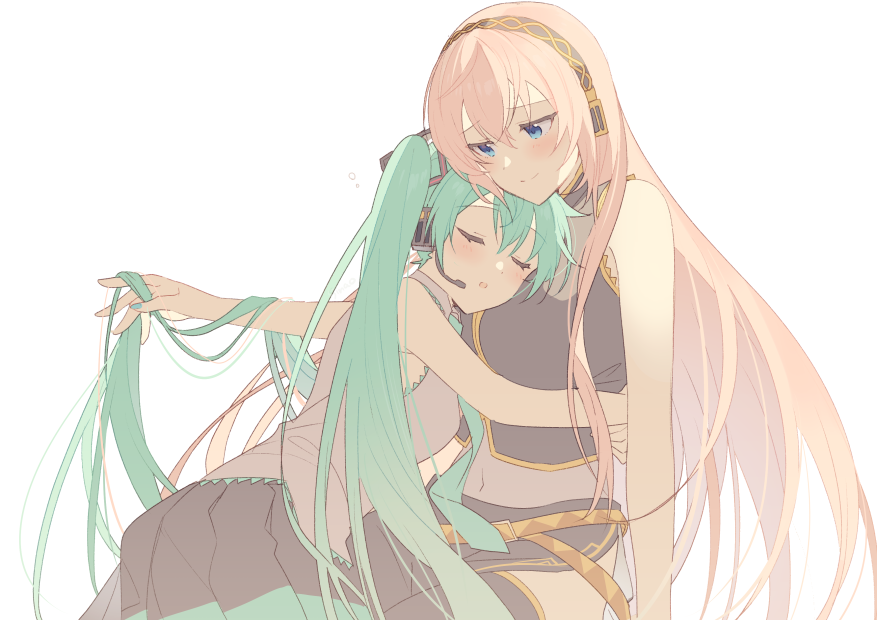 2girls black_thighhighs blue_eyes blush breasts closed_eyes green_hair hatsune_miku headphones hug long_hair medium_breasts megurine_luka multiple_girls necktie pink_hair simple_background sinaooo skirt sleepy smile thigh-highs twintails very_long_hair vocaloid white_background yuri