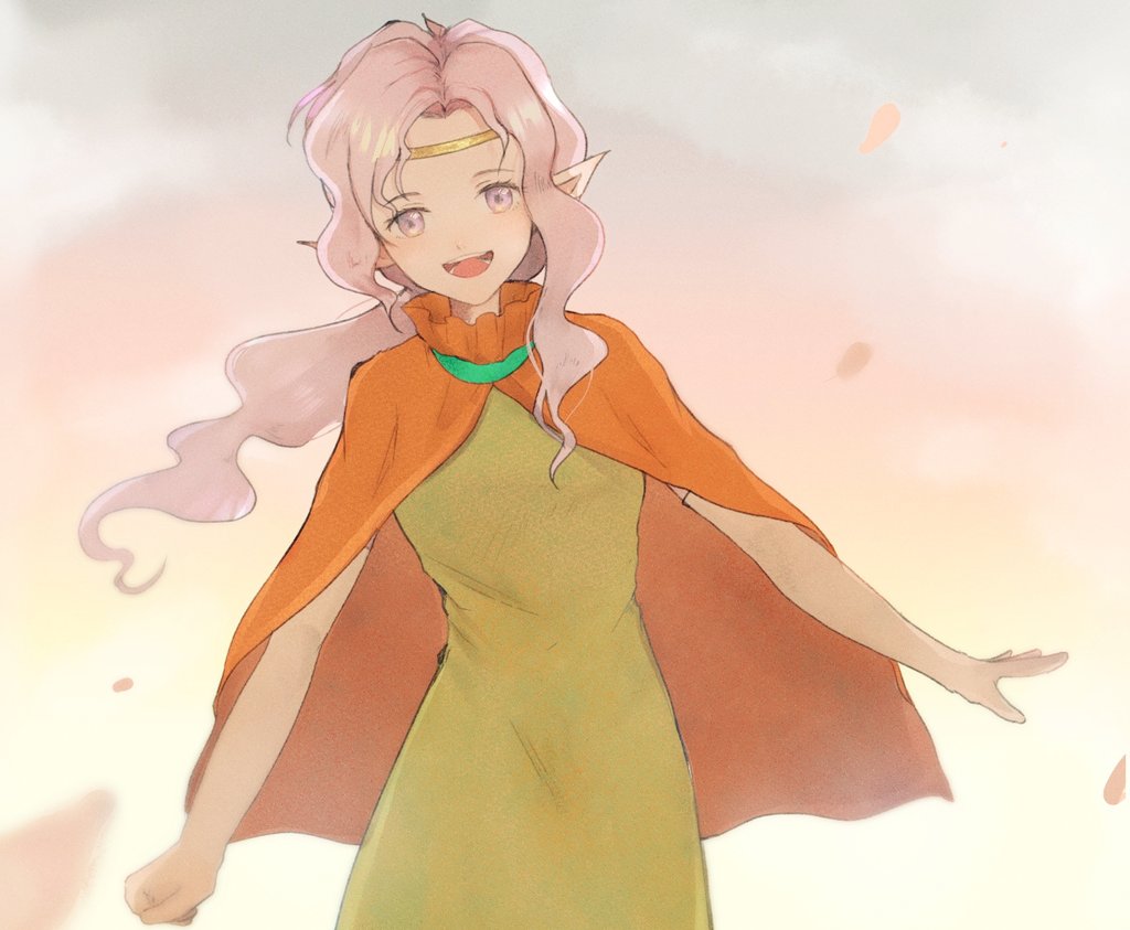 1girl circlet dress elf falling_petals gensou_suikoden gensou_suikoden_i korunosabu long_hair looking_at_viewer open_mouth petals pointy_ears purple_hair smile solo sylvina_(gensou_suikoden) violet_eyes wind