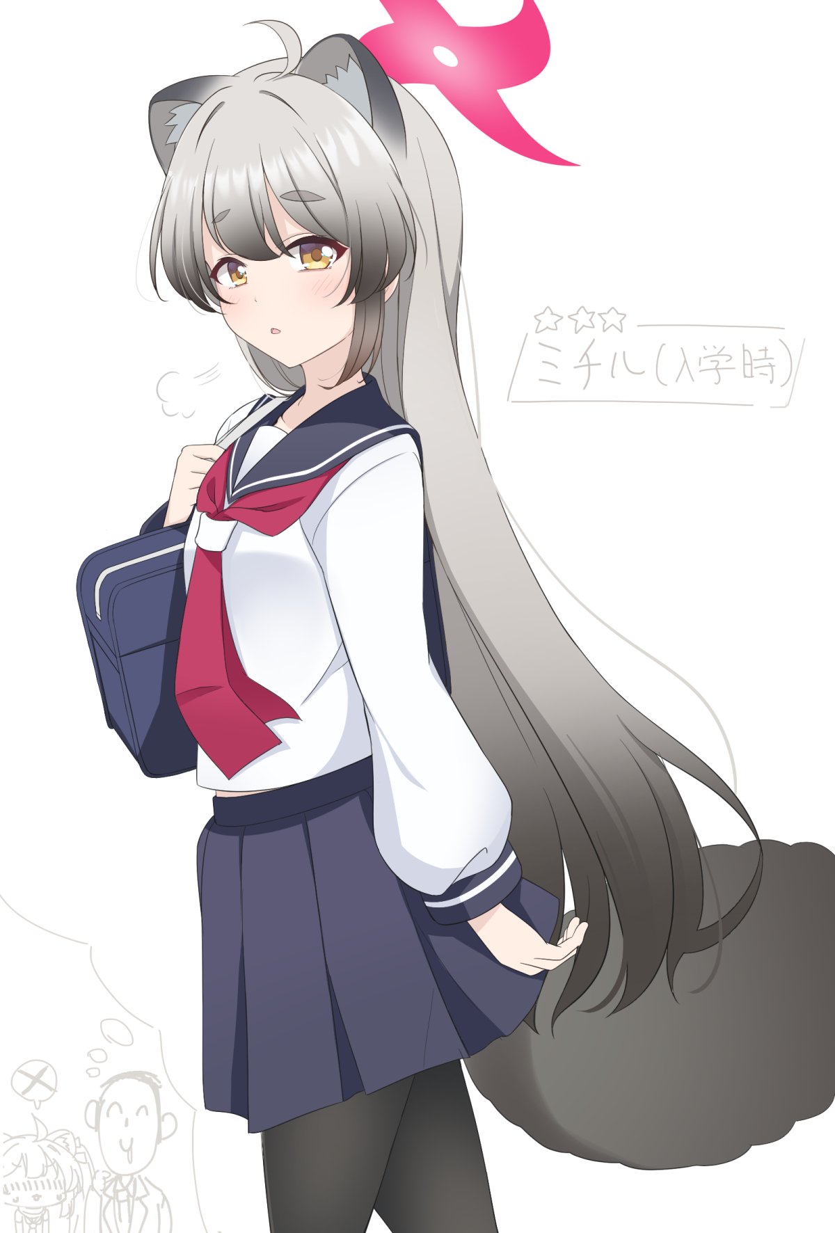 alternate_costume alternate_hairstyle animal_ears bag black_pantyhose blue_archive blue_bag blue_skirt breath character_name from_side grey_hair halo highres hoshino_ouka imagining long_hair long_sleeves looking_at_viewer michiru_(blue_archive) neckerchief pantyhose parted_lips raccoon_tail red_neckerchief school_bag school_uniform sensei_(blue_archive) serafuku simple_background skirt tail white_background white_serafuku yellow_eyes