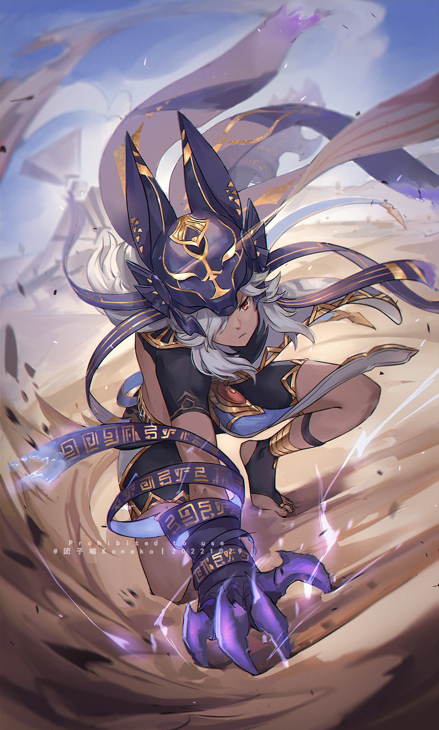 1boy animal_hat black_headwear claws closed_mouth cyno_(genshin_impact) dark-skinned_male dark_skin day egyptian_clothes electricity full_body genshin_impact gold grey_hair hair_over_one_eye hat highres long_hair male_focus one_knee outdoors red_eyes sand short_sleeves solo tuanzimiao1 watermark