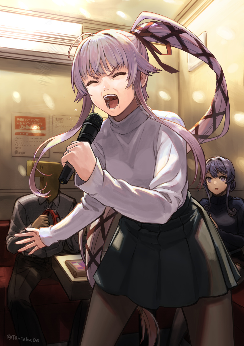 1boy 2girls alternate_costume blue_eyes blue_hair breasts closed_eyes couch gotland_(kancolle) hair_bun hair_flaps highres holding holding_microphone indoors instrument kantai_collection karaoke long_hair long_sleeves microphone mole mole_under_eye multiple_girls music open_mouth pantyhose pink_hair ponytail poster_(object) ribbed_shirt shirt singing single_hair_bun sitting skirt small_breasts solo_focus sweat sweatdrop t-head_admiral table tambourine tantaka very_long_hair yura_(kancolle)
