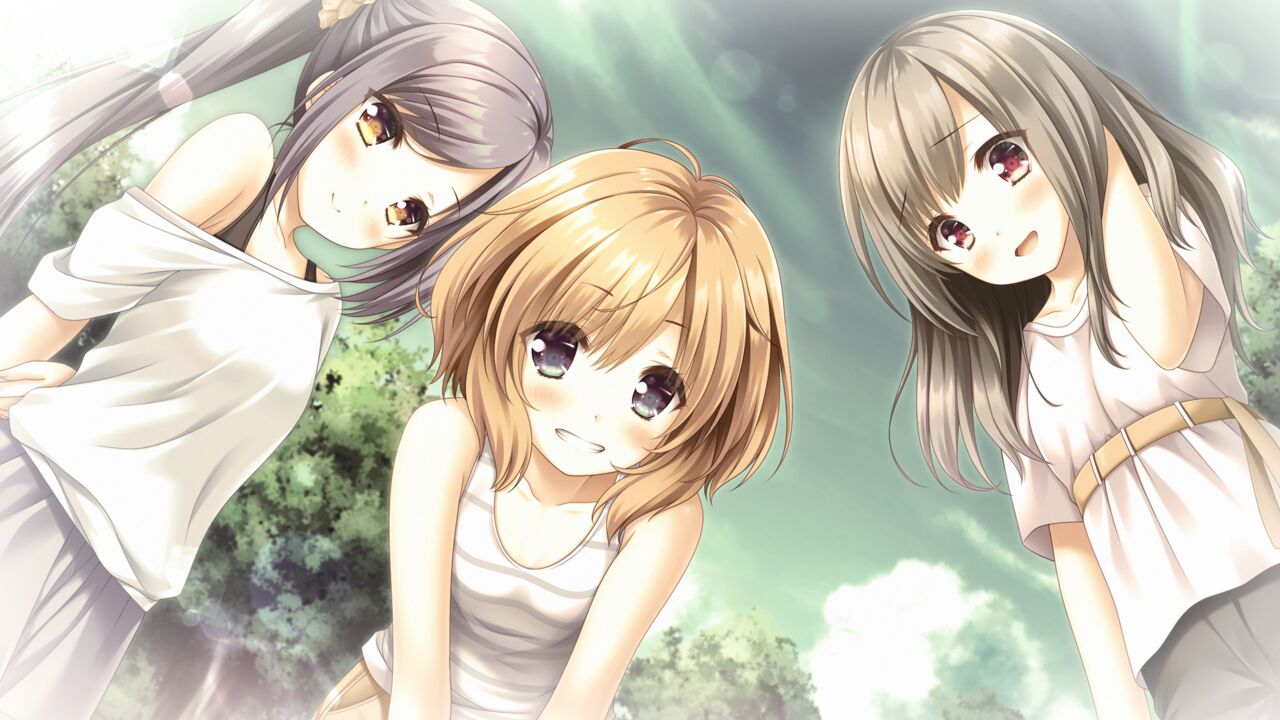 3girls :d arms_behind_back blonde_hair blue_eyes closed_mouth day female_child from_below game_cg grey_hair grey_pants grey_skirt grin hand_in_own_hair iwanuma_rin kawasaki_sumire leaning_forward long_hair looking_at_viewer moekibara_fumitake multiple_girls off-shoulder_shirt off_shoulder open_mouth outdoors pants ponytail red_eyes shibata_kanako shiny shiny_hair shirt short_sleeves skirt sleeveless sleeveless_shirt smile straight_hair striped striped_shirt white_shirt yellow_eyes yumahorome_~toki_wo_tometa_yakata_de_asu_wo_sagasu_maigo-tachi~