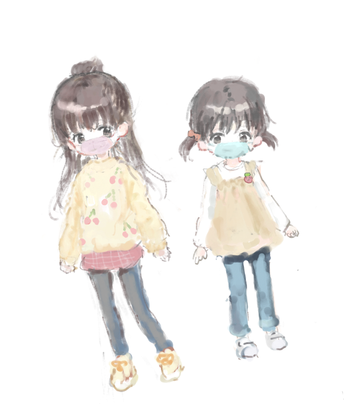 2girls black_eyes black_hair brown_hair copyright_request denim dutch_angle female_child full_body hair_ribbon long_hair long_sleeves multiple_girls ribbon shoes simple_background sneakers sweater twintails white_background