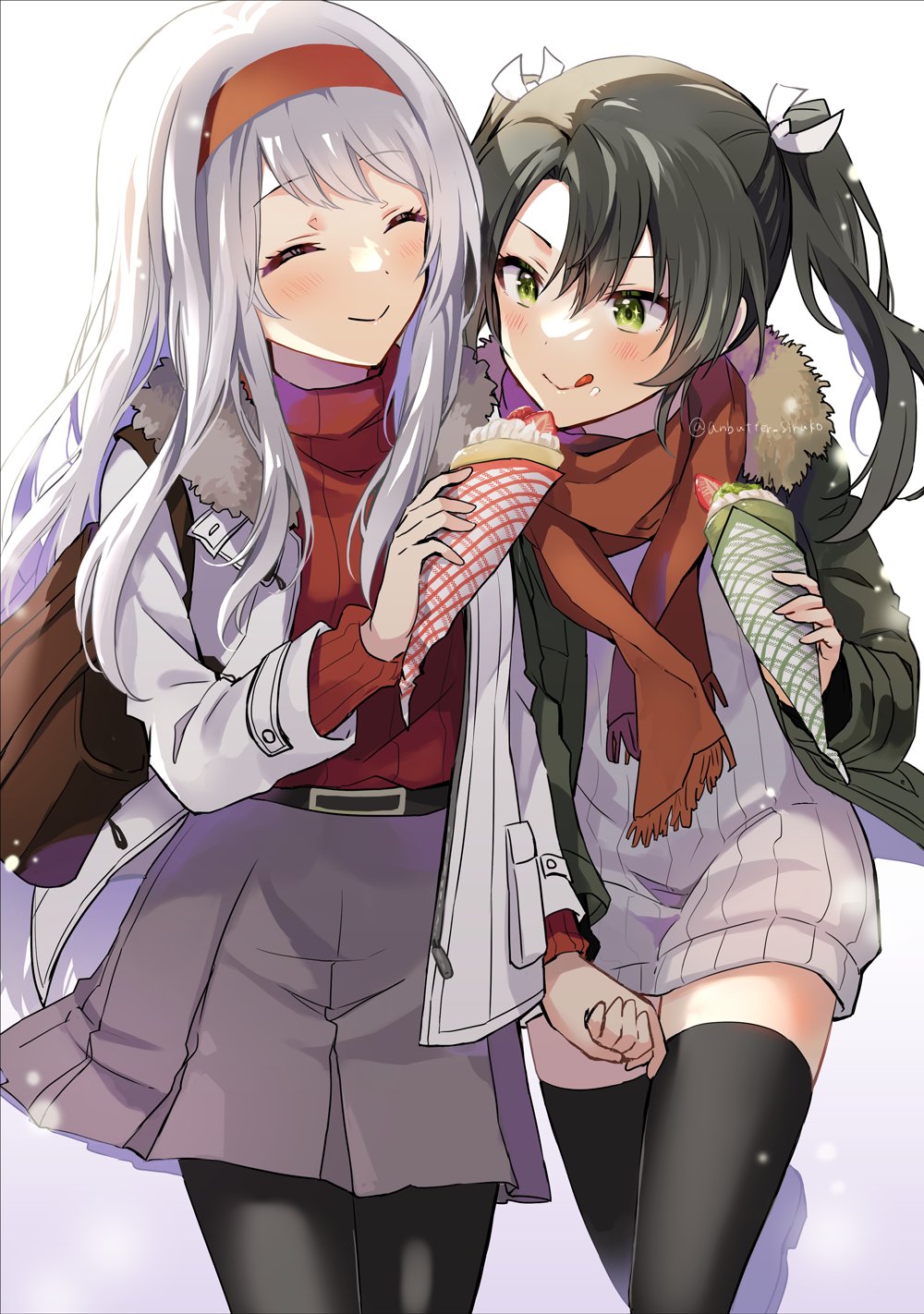 2girls alternate_costume anbutter_siruko black_pantyhose black_thighhighs breasts closed_eyes closed_mouth crepe dark_green_hair food food_wrapper hairband highres holding holding_food kantai_collection long_hair multiple_girls pantyhose shoukaku_(kancolle) siblings sisters small_breasts smile thigh-highs white_hair yellow_eyes zuikaku_(kancolle)