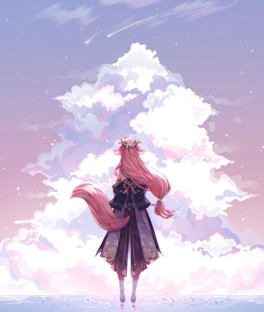 1girl almsiivi animal_ears back back_bow bare_shoulders black_bow black_dress bow clouds cloudy_sky detached_sleeves dress falling_star floral_print flower fox_ears fox_girl fox_tail genshin_impact gold gradient gradient_sky hair_ornament highres japanese_clothes jewelry kimono long_hair long_sleeves low-tied_long_hair pink_hair pink_sky purple_flower purple_sky reflection sky solo standing star_(sky) starry_sky sunset tail water wide_sleeves yae_miko