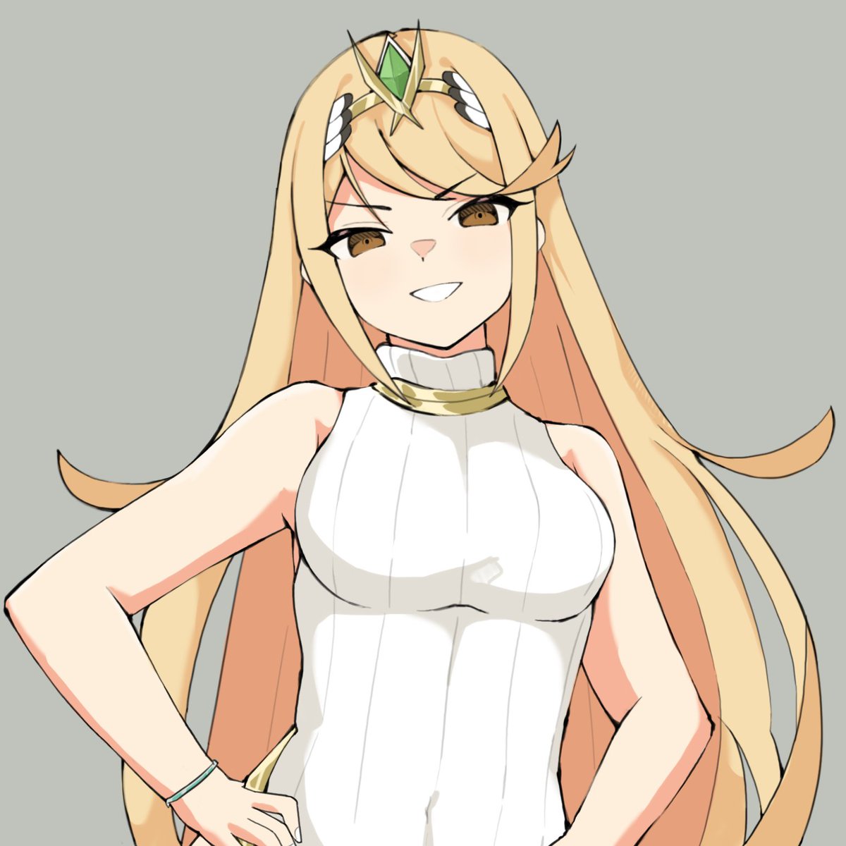 1girl hands_on_hips highres iamrardib mythra_(xenoblade) solo standing white_background xenoblade_chronicles_(series) xenoblade_chronicles_2 xenoblade_chronicles_3