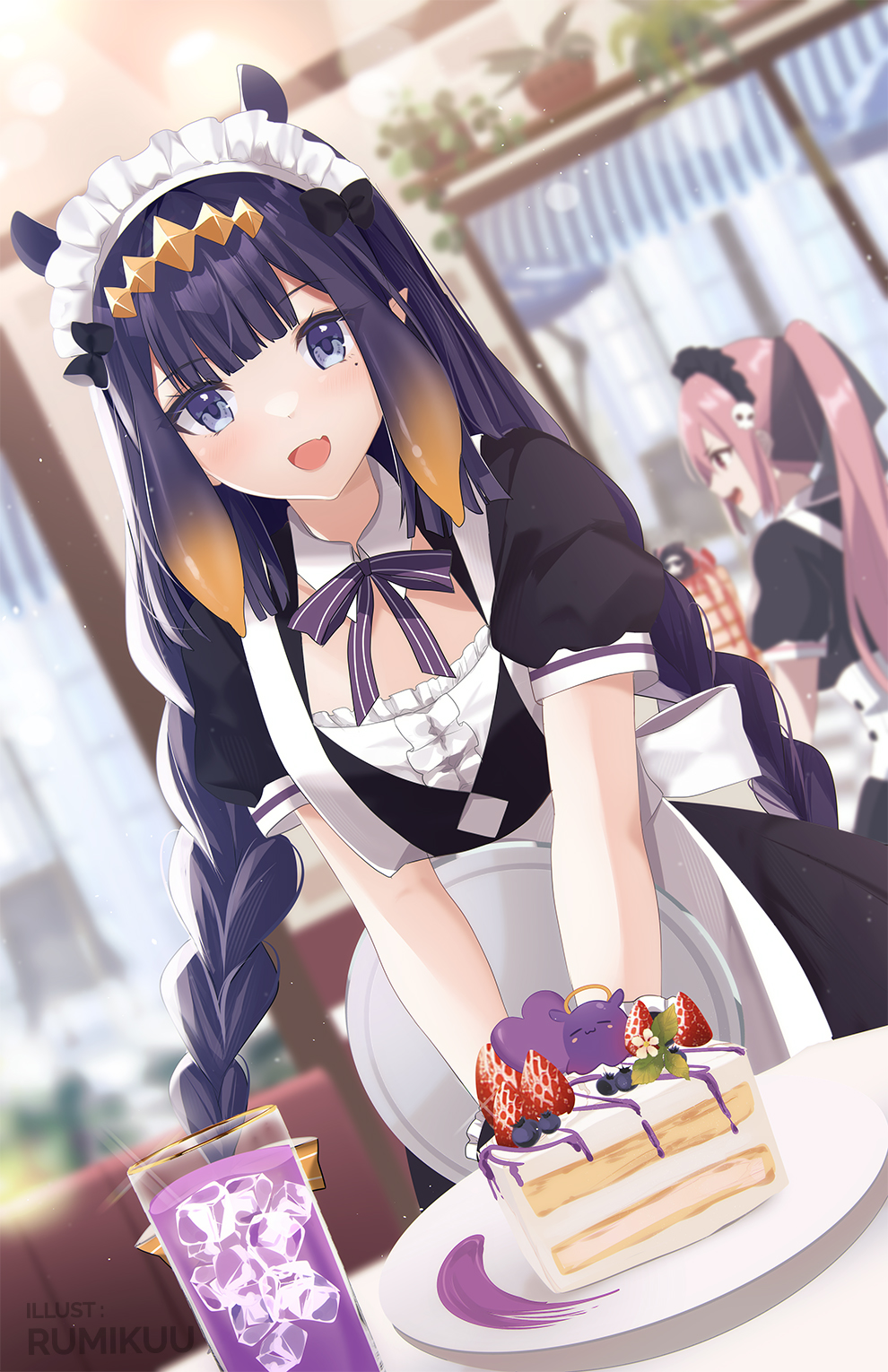 2girls :d alternate_costume blurry blurry_background braid cake cup death-sensei_(mori_calliope) detached_collar drinking_glass dutch_angle enmaided error fang food fruit highres hololive hololive_english ice ice_cube indoors k-rumi light_blush long_hair looking_at_viewer looking_away low_twin_braids maid maid_headdress mole mole_under_eye mori_calliope multiple_girls ninomae_ina'nis pink_hair pointy_ears purple_hair skin_fang smile strawberry takodachi_(ninomae_ina'nis) tentacle_hair tray twin_braids v_arms very_long_hair violet_eyes virtual_youtuber