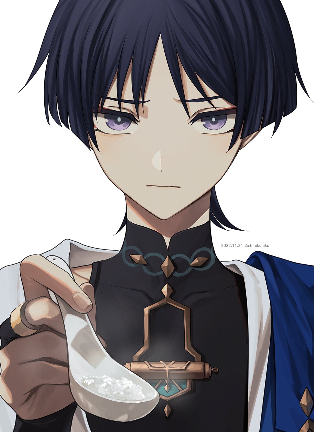 1boy arm_armor artist_name bangs black_shirt blue_hair blue_vest blunt_ends chinikuniku closed_mouth collarbone commentary dark_blue_hair dated fingernails food genshin_impact gold grey_vest hand_up highres holding holding_spoon jewelry looking_at_viewer male_focus mandarin_collar necklace official_alternate_costume open_clothes open_vest parted_bangs rice ring scaramouche_(genshin_impact) shirt short_hair short_sleeves simple_background sleeveless sleeveless_shirt solo spoon steam straight-on symbol-only_commentary twitter_username two-tone_vest upper_body vest violet_eyes wanderer_(genshin_impact) watermark white_background