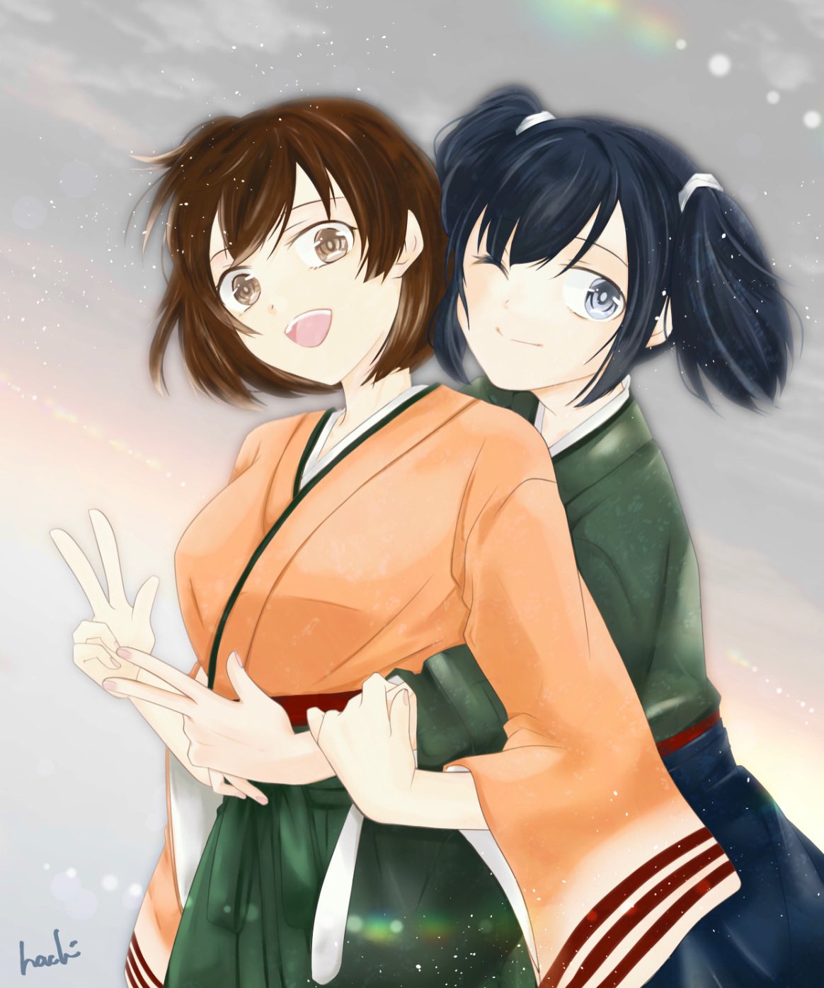 2girls 8_(sandstorm_8) blue_hair breasts brown_hair gradient gradient_background green_hakama green_kimono grey_background hair_ribbon hakama hakama_short_skirt hakama_skirt highres hiryuu_(kancolle) hug hug_from_behind japanese_clothes kantai_collection kimono large_breasts long_sleeves multiple_girls one_side_up open_mouth pleated_skirt ribbon short_hair signature skirt souryuu_(kancolle) twintails wide_sleeves