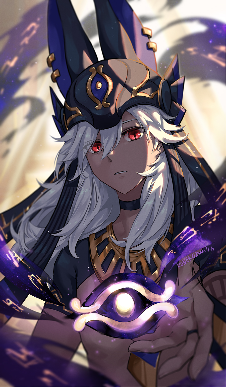 1boy animal_hat bangs black_choker black_headwear blurry blurry_background choker cyno_(genshin_impact) dark-skinned_male dark_skin dated egyptian_clothes eye_of_horus genshin_impact gold_trim hair_between_eyes hat highres long_hair looking_at_viewer male_focus open_hand parted_lips red_eyes short_sleeves signature solo tuanzimiao1 upper_body white_hair