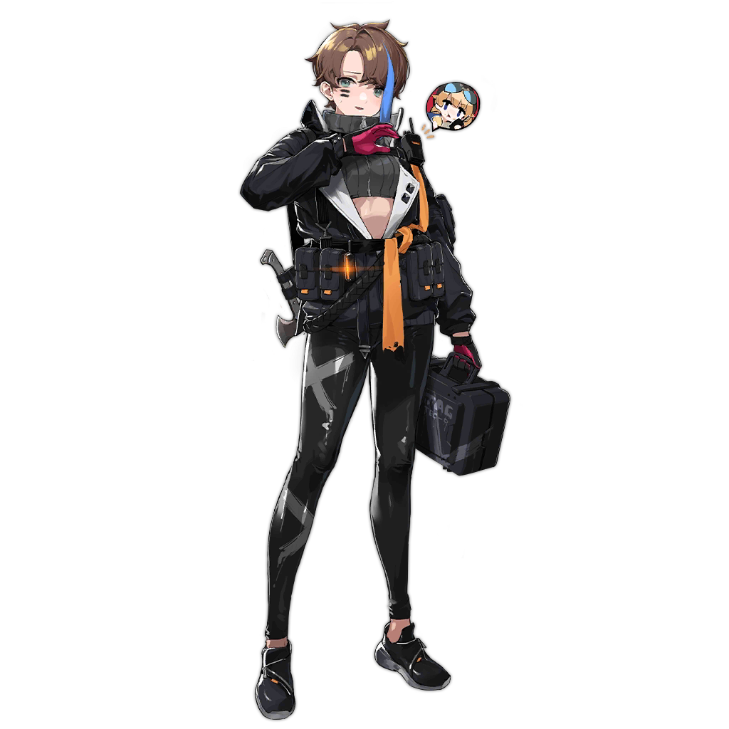 1girl axe belt_pouch black_pants blue_eyes briefcase brown_hair character_request facial_mark girls_frontline hair_over_one_eye jacket looking_at_viewer multicolored_hair official_art open_clothes open_jacket pants pouch shoes short_hair solo spoken_character standing streaked_hair tec-9_(girls'_frontline) tec-9_(wiretap_mystery)_(girls'_frontline) transparent_background walkie-talkie xu_(245506772)