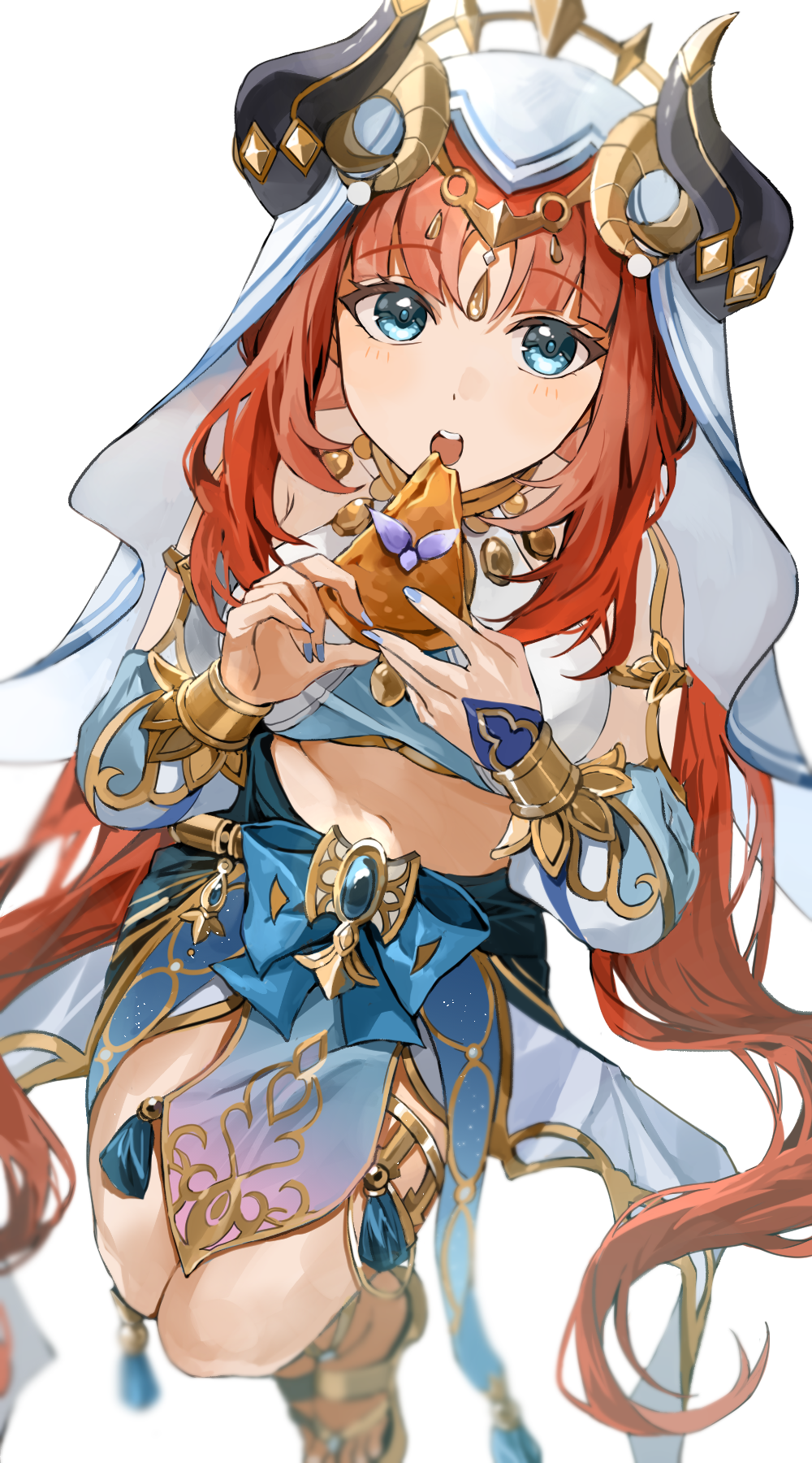 1girl bangs blue_eyes blue_nails blue_skirt blurry blush bracer cake cake_slice crop_top depth_of_field fake_horns food from_above genshin_impact gladiator_sandals gold_trim gyoju_(only_arme_nim) harem_outfit highres holding holding_food horns jewelry long_hair long_sleeves looking_at_viewer looking_up low_twintails nail_polish navel neck_ring nilou_(genshin_impact) open_mouth parted_bangs puffy_long_sleeves puffy_sleeves redhead sandals sidelocks simple_background skirt solo stomach tassel teeth thighlet thighs twintails upper_teeth veil very_long_hair white_background white_headwear