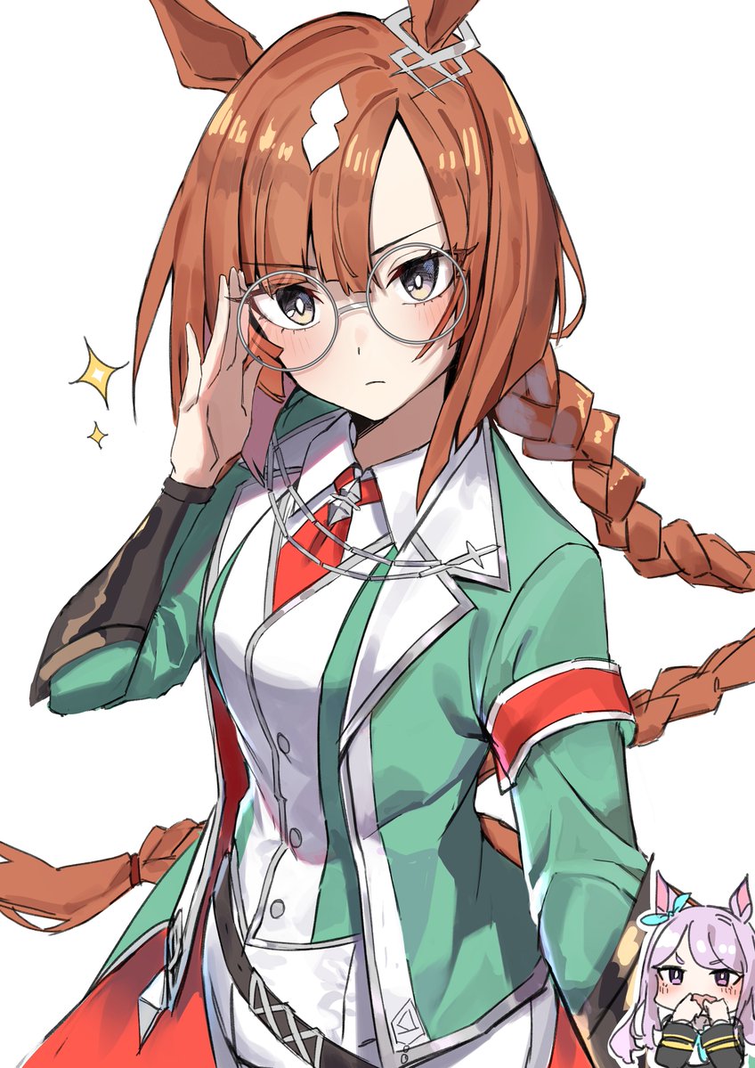 2girls adjusting_eyewear animal_ears asymmetrical_bangs bangs belt blush braid braided_ponytail breasts chibi chibi_inset closed_mouth collared_shirt glasses green_jacket haruyuki_(gffewuoutgblubh) horse_ears ikuno_dictus_(umamusume) jacket long_hair long_sleeves looking_at_viewer mejiro_mcqueen_(umamusume) multiple_girls necktie open_clothes open_jacket orange_hair pants red_necktie round_eyewear shirt simple_background small_breasts solo_focus sparkle umamusume upper_body vest white_background white_pants white_shirt yellow_eyes