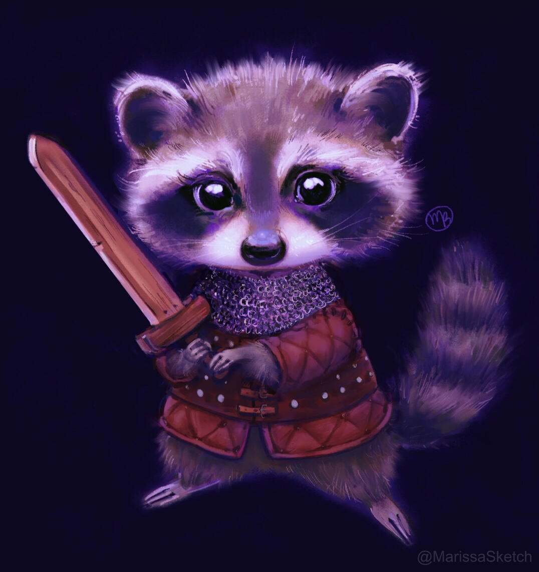 animal armor artist_name black_background black_eyes holding holding_sword holding_weapon looking_at_viewer marissa_(marissasketch) no_humans original personification raccoon solo standing sword watermark weapon wooden_sword